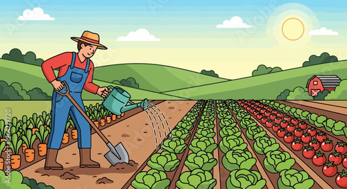 Farmer watering crops with a watering can and shovel.