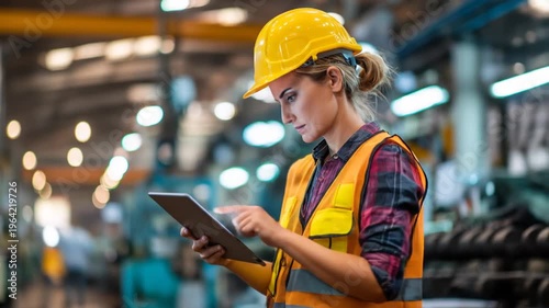 Woman in hardhat and safety vest holding tablet in a blurry factory setting