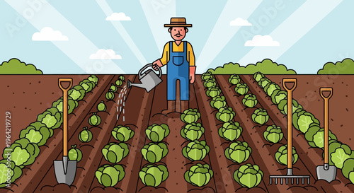 Farmer watering cabbage plants in a field.
