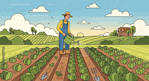 Farmer watering plants in a field with a watering can 1.