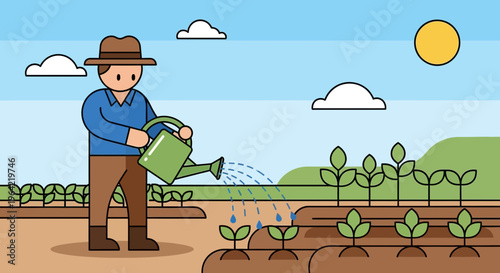 Farmer watering plants in a field with a watering can.