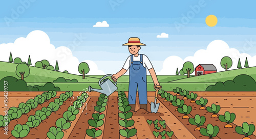 Farmer watering plants in a field.