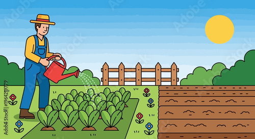 Farmer watering plants in a garden on a sunny day 1.