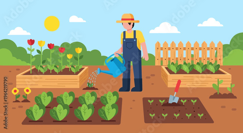 Farmer watering plants in a garden on a sunny day 2.
