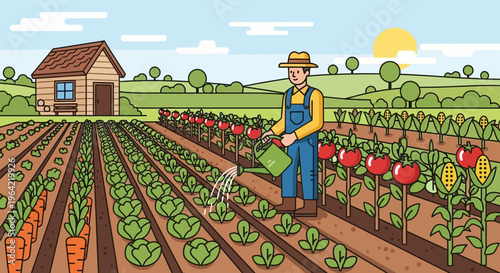 Farmer watering plants in a lush vegetable garden.