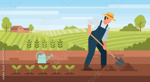 Farmer working in field with shovel and plants 1.