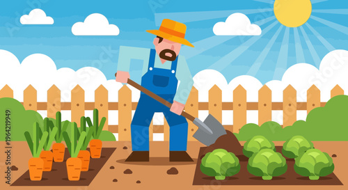 Farmer working in garden with shovel and crops.