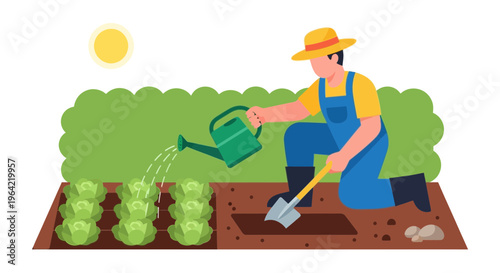 Farmer watering plants in garden with shovel.