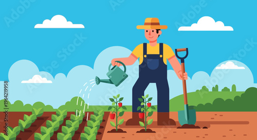 Farmer watering plants with watering can and shovel.