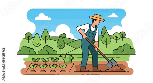 Farmer working in field with shovel and plants.