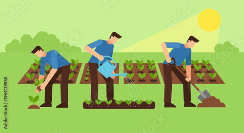 Farmers planting and watering crops in a field.