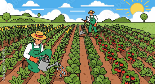 Farmers tending to crops in a sunny field.