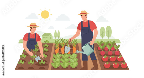 Farmers tending to vegetable garden beds with care.