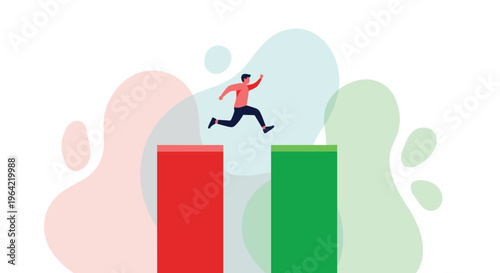 A stylized person wearing a red shirt and black pants is depicted jumping from a red platform towards a green platform on a white background.