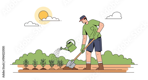 Man Gardening Watering Plants with Shovel.