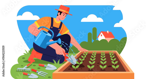 Man tending to a garden bed with watering can.