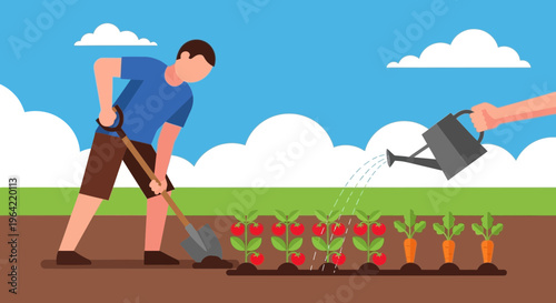 Man tending to a garden with a shovel and watering can.