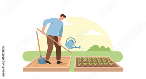 Man tending to garden beds with tools and watering can.