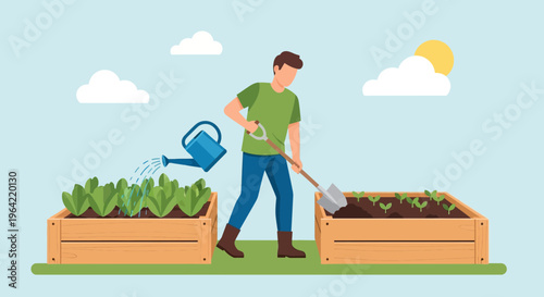 Man tending to raised garden beds with watering can and shovel.