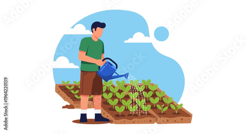 Man watering plants in a garden bed.