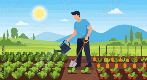 Man watering plants in a garden with a shovel 1.