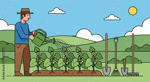 Man watering plants in a garden with tools.