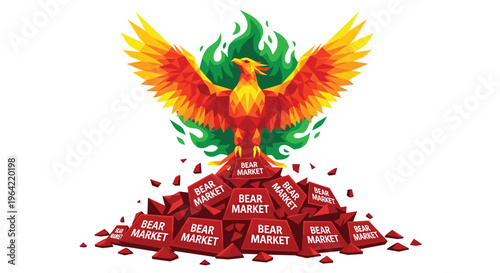 A colorful polygonal phoenix with orange and yellow wings and green flames is shown rising from a pile of red BEAR MARKET blocks.