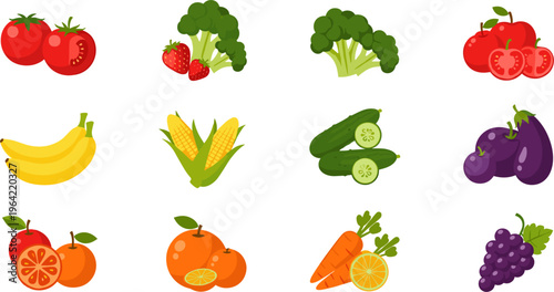 Cute Fruit and Vegetable Characters Set Featuring Apple, Banana, Broccoli, Carrot, Orange, and Grapes