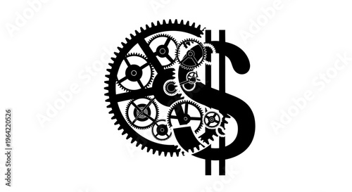Gear dollar sign, mechanical finance icon, black cogwheel currency symbol, industrial money concept