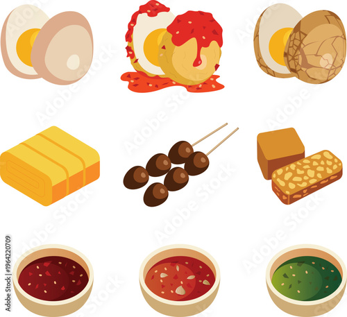 Indonesian Side Dishes Set Vector Illustration Eggs Satay Tofu Tempeh Sambal
