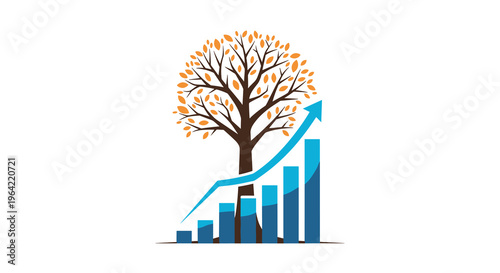A brown tree with orange and brown leaves stands behind a rising blue bar graph, which also features an upward-curving blue line, all positioned centrally on a clean white background.