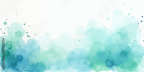 An abstract hand-painted watercolor background featuring blue sky splashes and fluffy white clouds creates a beautiful sunny day atmosphere with soft summer sunlight