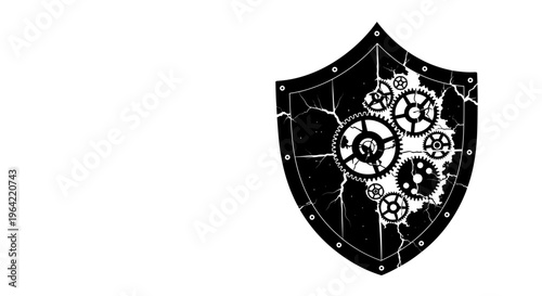 Gear shield icon, mechanical defense symbol, industrial security emblem, black and white vector