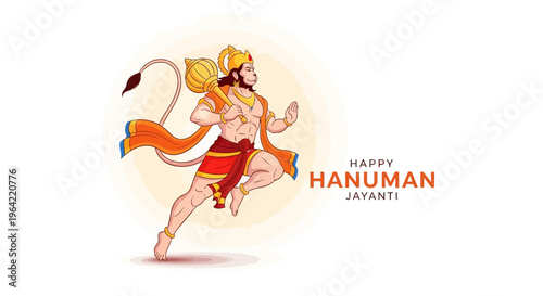 Illustration of Lord Hanuman in a dynamic pose celebrating Hanuman Jayanti, a significant Hindu festival, with vibrant colors and traditional attire against a clean background.