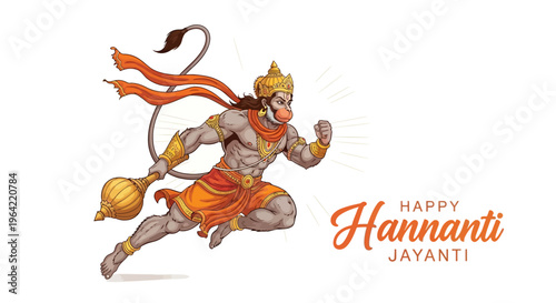 Illustration of Lord Hanuman in mid-air with a Happy Hanuman Jayanti greeting on a white background, celebrating the Hindu festival.