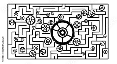 Black and white maze, gear maze illustration, puzzle labyrinth, mechanical design element