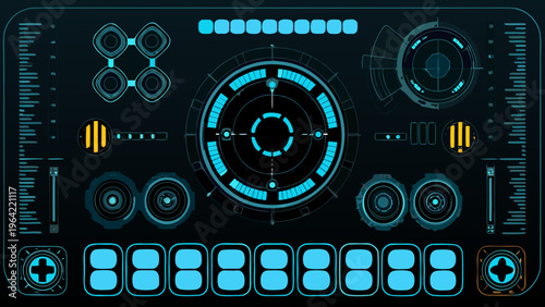 Futuristic interface display with glowing blue elements and circular designs