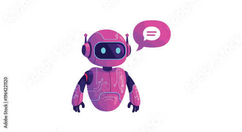 Modern Pink and Purple Robot Character with Speech Bubble Chatbot Illustration Isolated on White