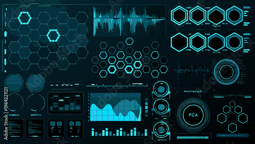 Futuristic interface displaying complex data visualizations and technical graphics