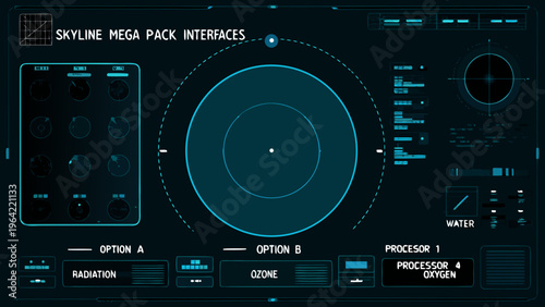 Futuristic interface displaying radar and system monitoring elements in teal