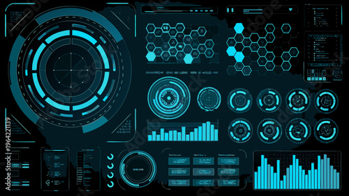 Futuristic user interface with glowing blue elements and complex data displays