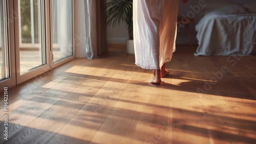 Sunlit wooden floor with barefoot woman walking slowly across room in flowing white dress, warm golden morning light casting long shadows from window, minimal interior with soft linen bed and potted