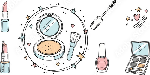 Hand-drawn doodle style illustration of various makeup and cosmetic products.