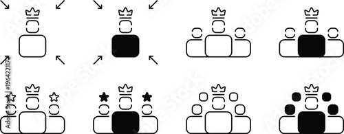 Leadership and team focus icons set with highlighted person, crown symbol and attention arrows, management and authority concept, minimal line art and solid icon set
