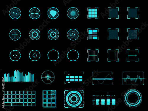 Collection of futuristic glowing cyan hud elements on a dark background