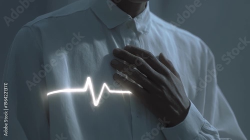 Person white shirt clutching chest, glowing ECG line hovering over sternum, lowkey lighting and clinical palette, hand pressing heart area, slow deliberate motion suggesting anxiety and concern