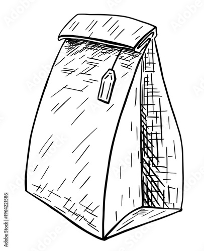 Hand-drawn sketch of a paper bag with a tag. Folded paper bag. For gift wrapping, coffee or tea packaging, or as a small gift bag. sketch illustration in vintage style, cafe design