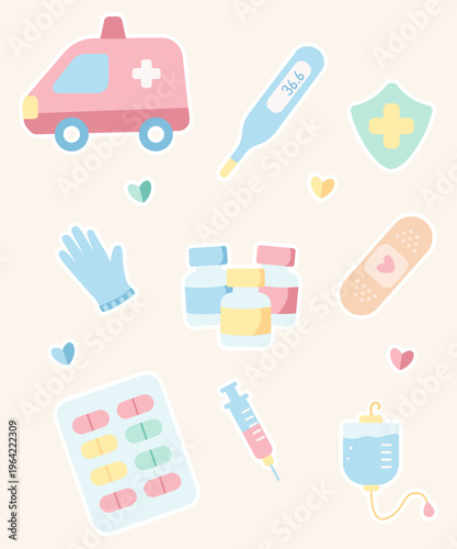 Cute Medical Sticker Pack with Healthcare Icons in Pastel Flat Style