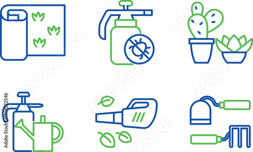 Illustrations of various gardening and plant care tools and concepts