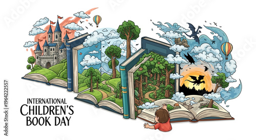 A child reads an open book with fantasy illustrations and scenery emerging from the pages on International Children's Book Day.